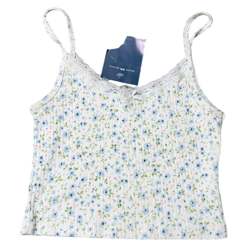 NWT Brandy Melville Floral Lace Trim Ribbed Cami White Blue Cropped Y2K One Size